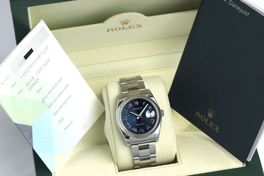 Rolex 2007 SS 116234 Datejust 36 Blue Jubilee Roman Dial Oyster Bracelet w/ Original Rolex Box & Warranty Papers