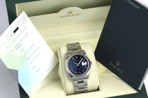 Rolex 2007 SS 116234 Datejust 36 Blue Jubilee Roman Dial Oyster Bracelet w/ Original Rolex Box & Warranty Papers