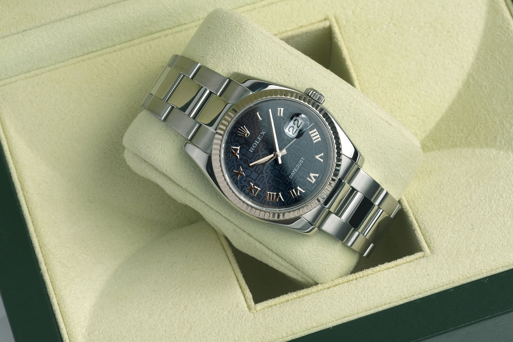 Rolex 2007 SS 116234 Datejust 36 Blue Jubilee Roman Dial Oyster Bracelet w/ Original Rolex Box & Warranty Papers