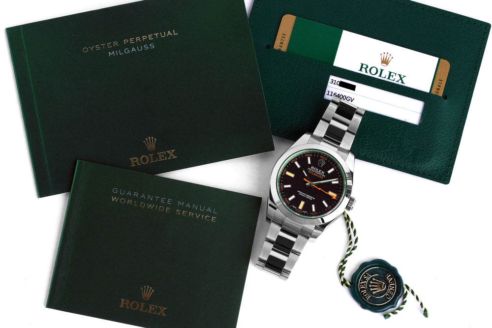 
                
                    Load image into Gallery viewer, Rolex 2019 SS 116400GV Milgauss Green Sapphire Black Dial w/ Original Rolex Box &amp;amp; Warranty Card
                
            