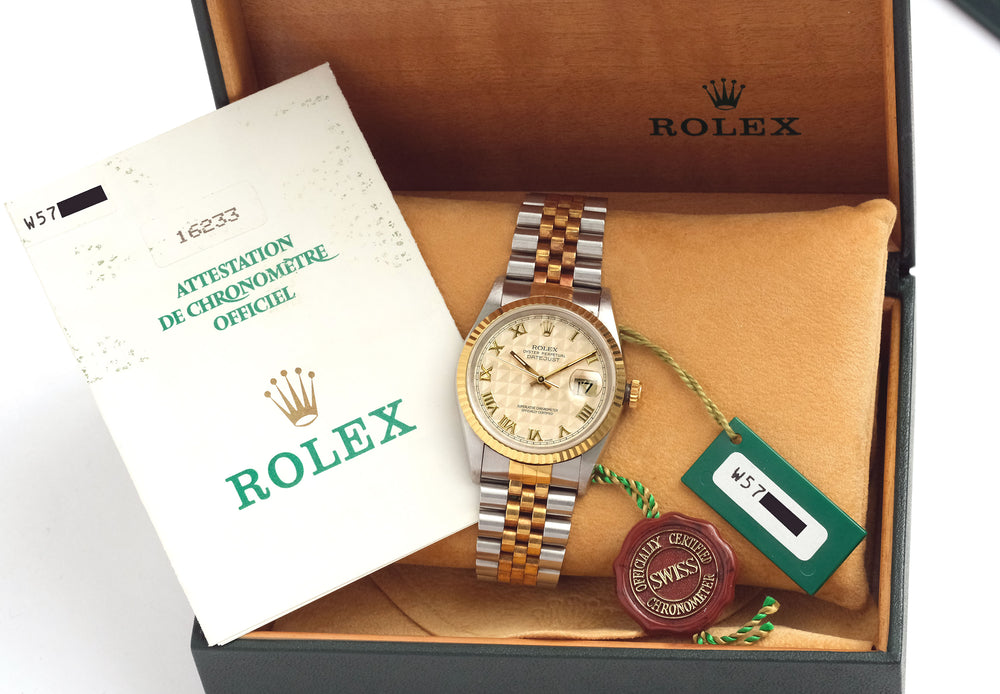 Rolex 1995 Steel & 18k Yellow Gold 16233 Datejust 36mm Pyramid Roman Dial w/ Original Rolex Box & Warranty Papers