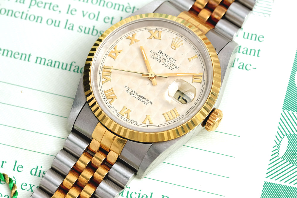 Rolex 1995 Steel & 18k Yellow Gold 16233 Datejust 36mm Pyramid Roman Dial w/ Original Rolex Box & Warranty Papers