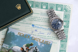 Rolex 1988 SS 16014 Datejust Blue Stick Dial NICE Jubilee Bracelet w/ Original Rolex Box & Warranty Papers