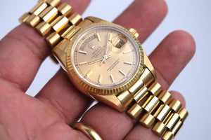 
                
                    Load image into Gallery viewer, Rolex 1970s 18k Yellow Gold Day-Date Single Quickset 18038 model w/ Champagne Dial on President Bracelet
                
            