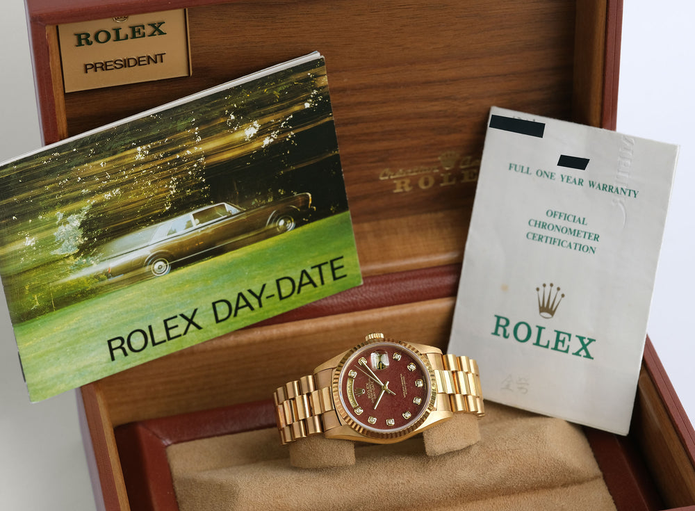 Rolex 1991 UNPOLISHED 18k Yellow Gold 18238 Factory GLOSSULAR Stone Diamond Dial w/ Original Rolex Box & Warranty Papers