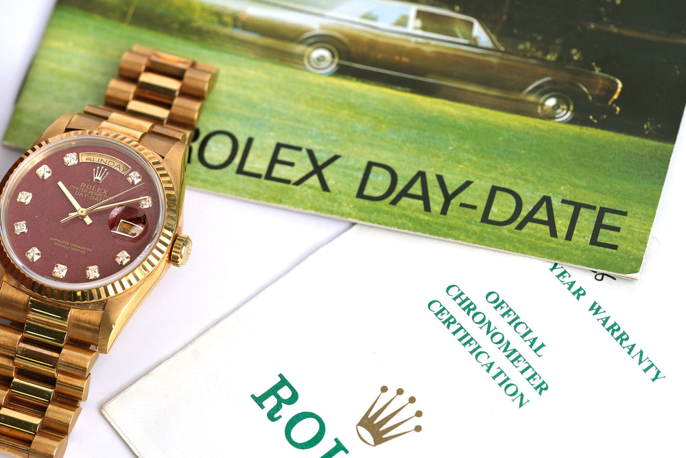 Rolex 1991 UNPOLISHED 18k Yellow Gold 18238 Factory GLOSSULAR Stone Diamond Dial w/ Original Rolex Box & Warranty Papers